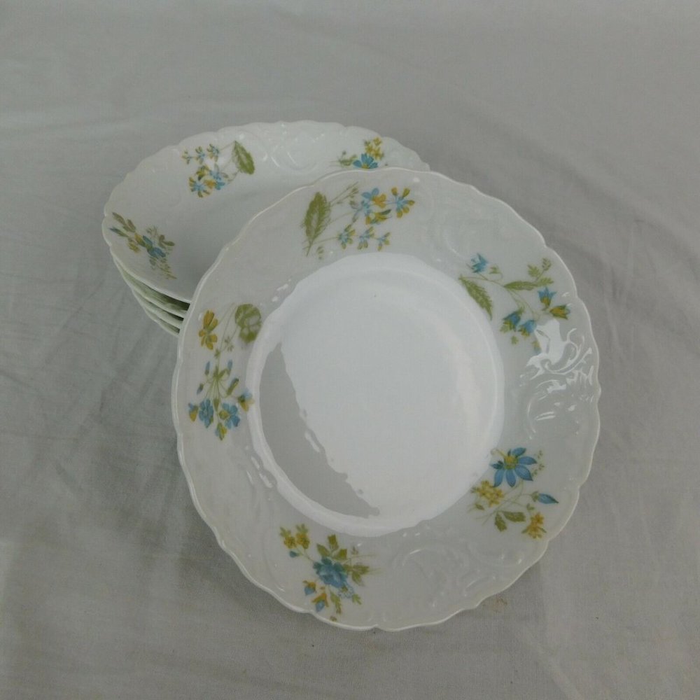 Martial (M) Redon Limoges 5069 Blue & Yellow Flowers Dessert Bowls Set of 5